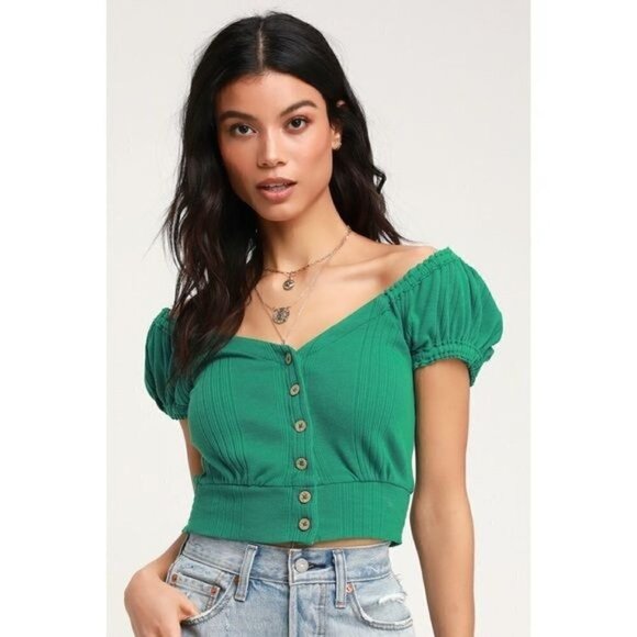 Free People We the Free Brighter Days Green Button Front Short Sleeve Crop Top - Picture 1 of 5